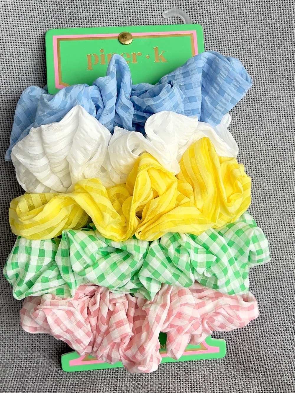 Piper K Gingham Checkered scrunchies set of 5 blue white yellow pink green NWT